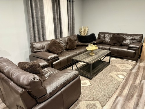 Brown leather three piece sofa - leather, three-piece